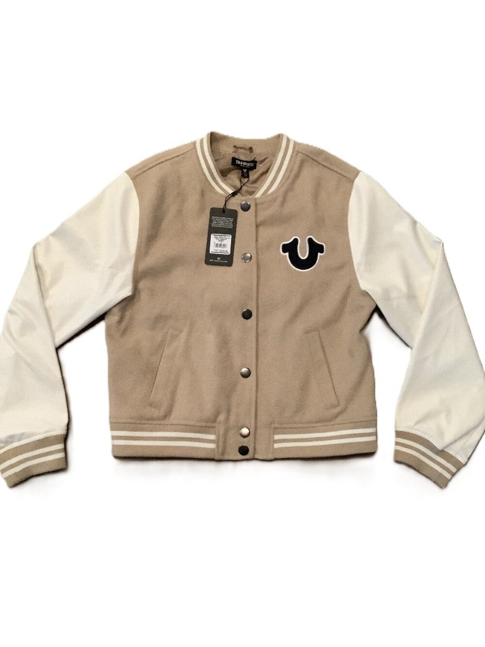 New Women's True Religion True Team Varsity Jacket Size L Travertine MSRP $239